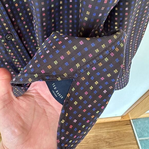 Ted Baker Men’s Multi Colored Small Square Black Long Sleeve Button Down - Picture 6 of 9
